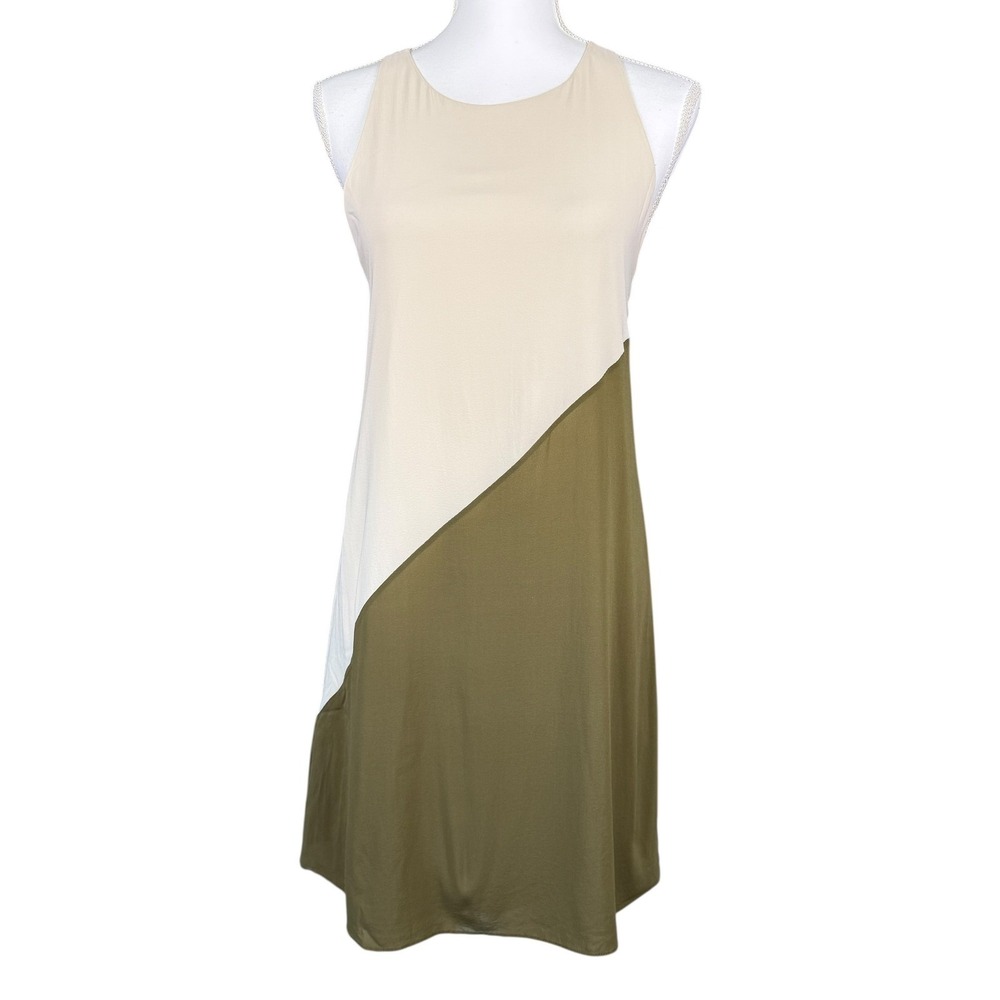 Alice + Olivia Cream and Olive Green Colorblock Sleeveless Mini Dress